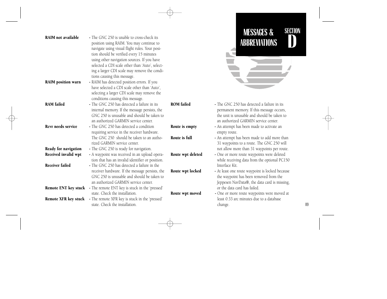 Messages & abbreviations | Garmin GNC 250 User Manual | Page 99 / 112