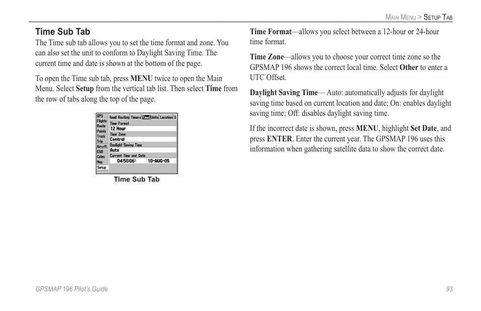 Time sub tab | Garmin GPSMAP 196 User Manual | Page 101 / 132
