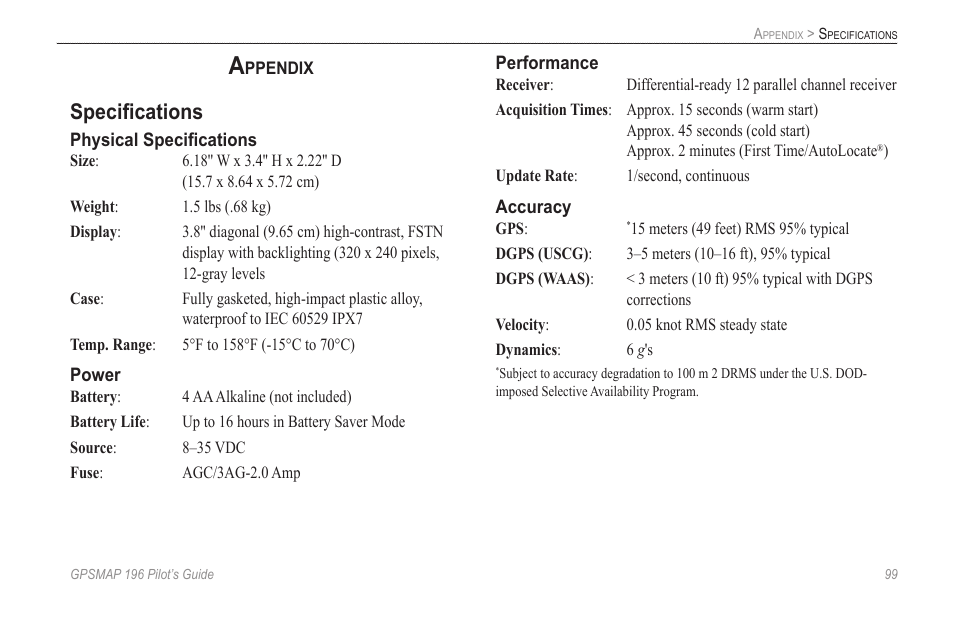 Appendix, Specifications, Speciﬁcations | Garmin GPSMAP 196 User Manual | Page 107 / 132