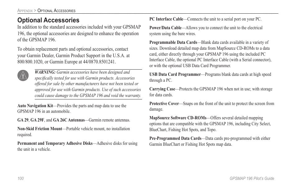 Optional accessories | Garmin GPSMAP 196 User Manual | Page 108 / 132