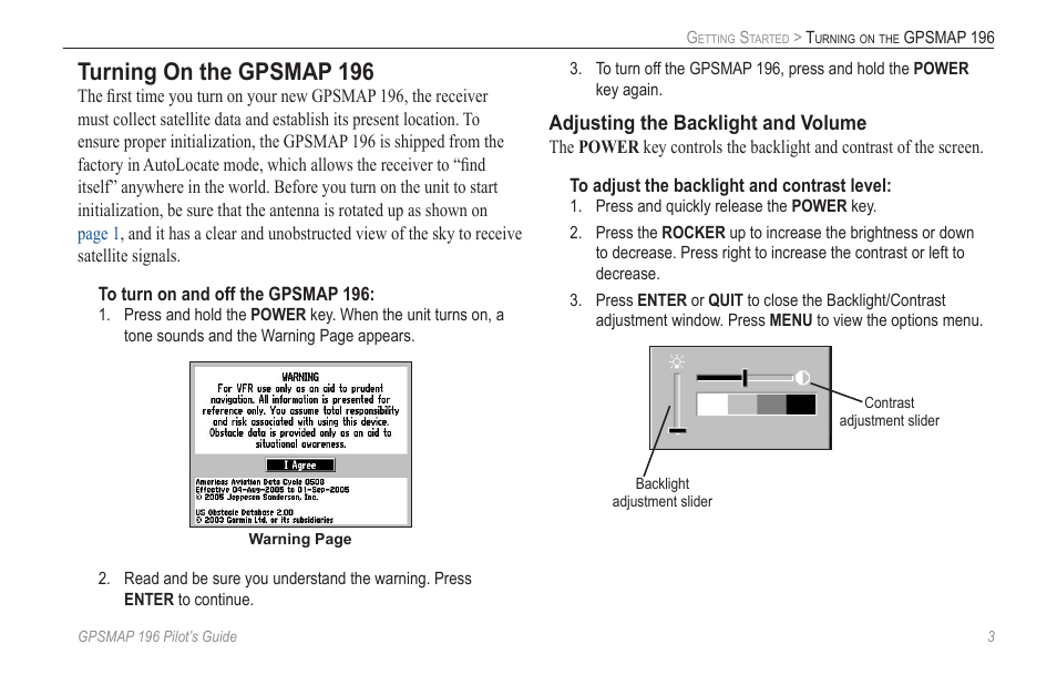 Turning on the gpsmap 196, Adjusting the backlight and volume | Garmin GPSMAP 196 User Manual | Page 11 / 132