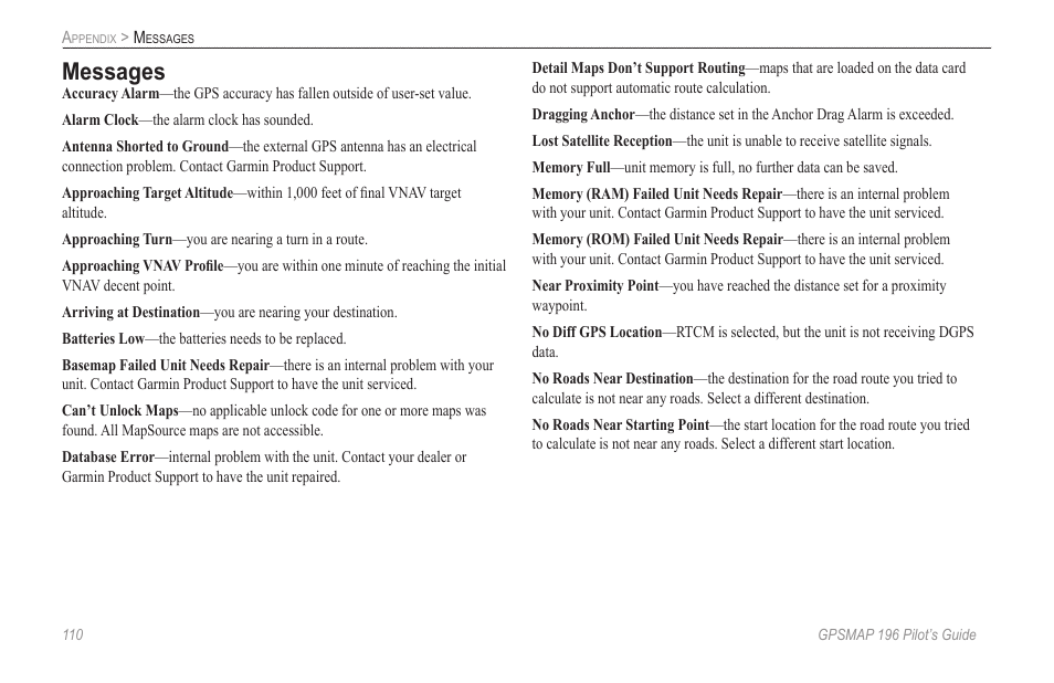 Messages | Garmin GPSMAP 196 User Manual | Page 118 / 132