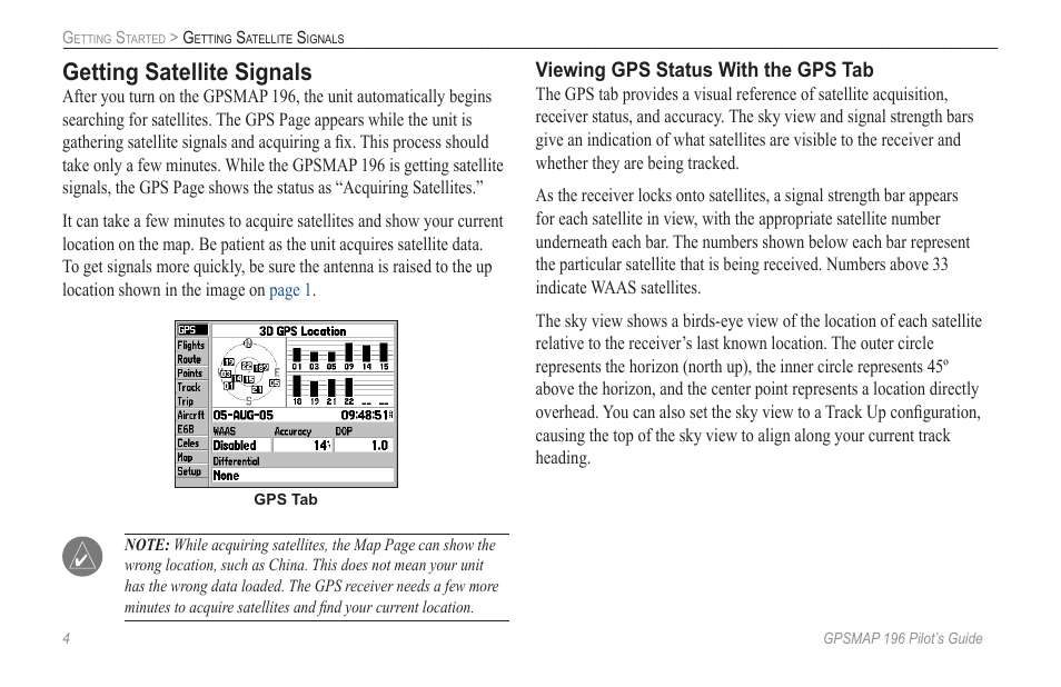 Getting satellite signals | Garmin GPSMAP 196 User Manual | Page 12 / 132