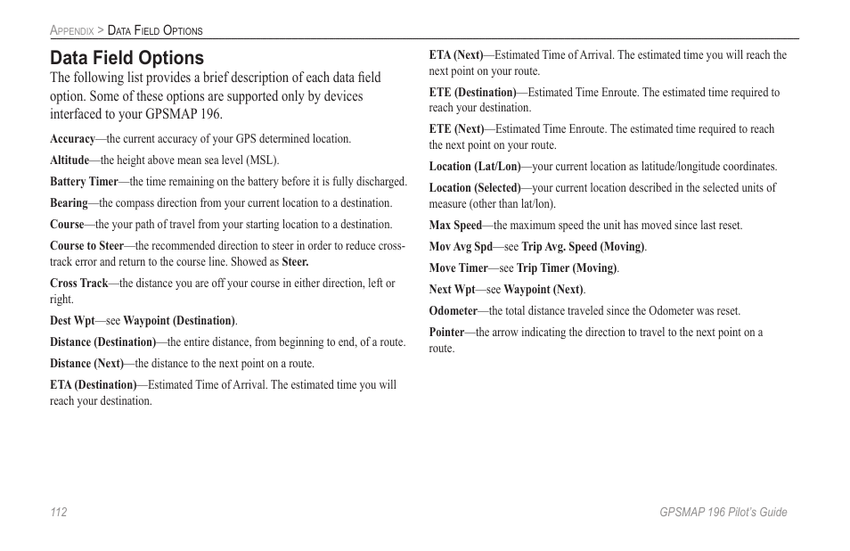 Data field options, In the, Appendix | Garmin GPSMAP 196 User Manual | Page 120 / 132