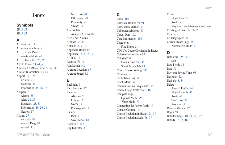 Index, Ndex | Garmin GPSMAP 196 User Manual | Page 125 / 132