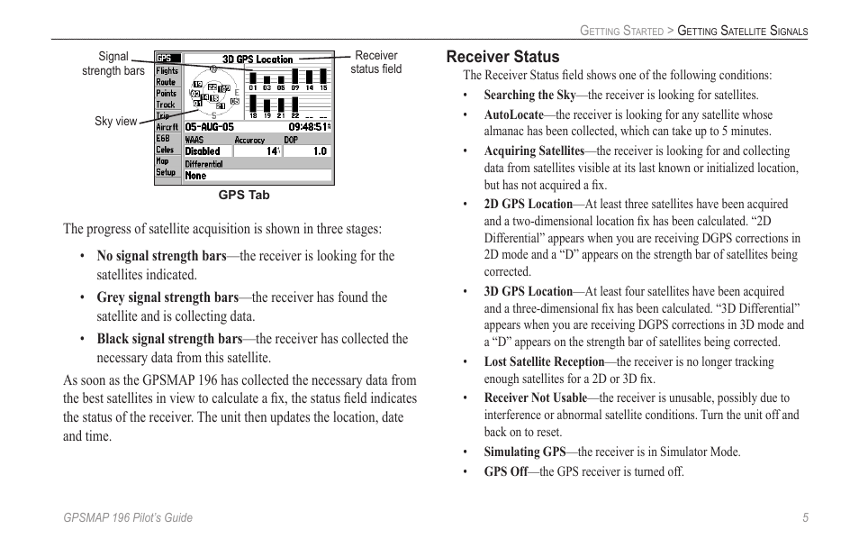 Receiver status | Garmin GPSMAP 196 User Manual | Page 13 / 132