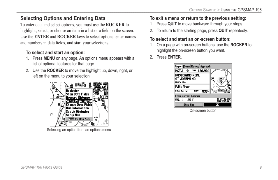 Selecting options and entering data | Garmin GPSMAP 196 User Manual | Page 17 / 132