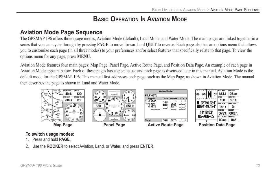 Basic operation in aviation mode, Aviation mode page sequence | Garmin GPSMAP 196 User Manual | Page 21 / 132