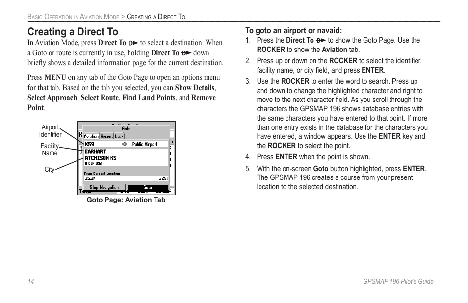 Creating a direct to | Garmin GPSMAP 196 User Manual | Page 22 / 132