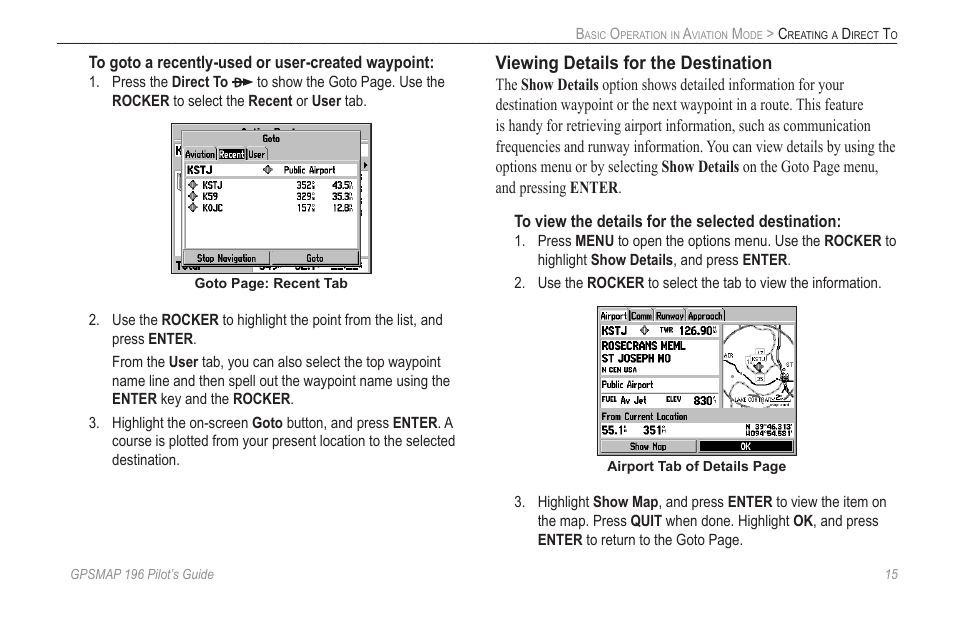 Viewing details for the destination | Garmin GPSMAP 196 User Manual | Page 23 / 132