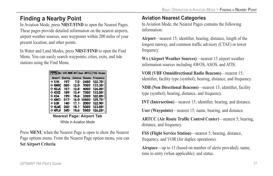 Finding a nearby point, Aviation nearest categories | Garmin GPSMAP 196 User Manual | Page 25 / 132