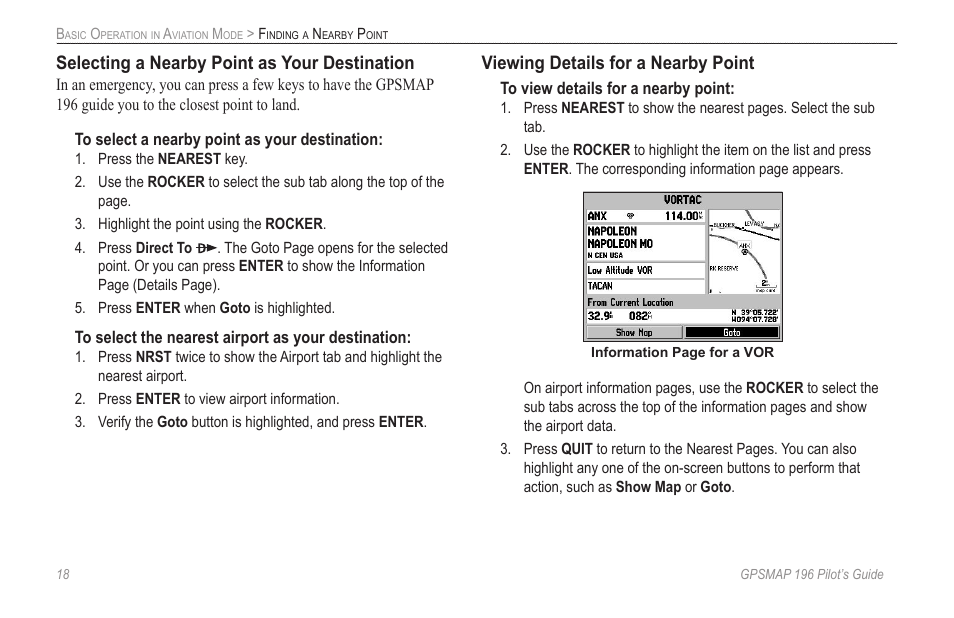 Selecting a nearby point as your destination, Viewing details for a nearby point | Garmin GPSMAP 196 User Manual | Page 26 / 132
