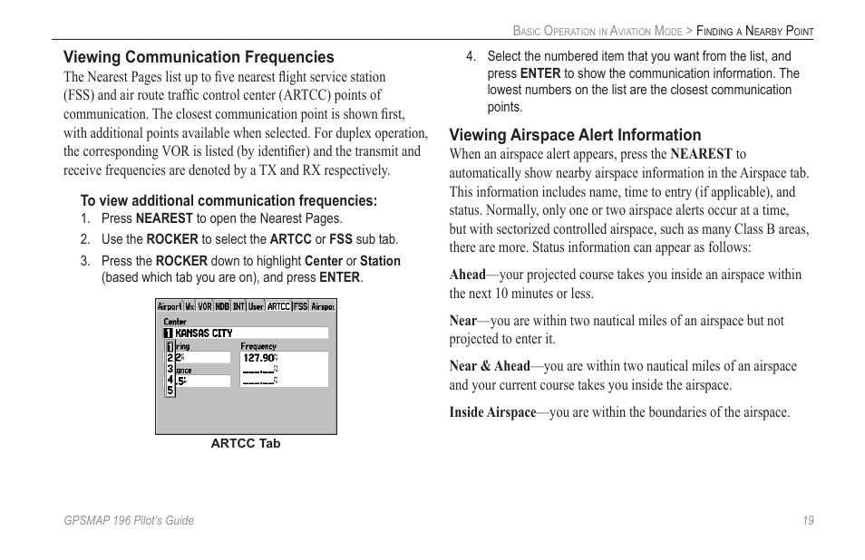 Viewing communication frequencies, Viewing airspace alert information | Garmin GPSMAP 196 User Manual | Page 27 / 132