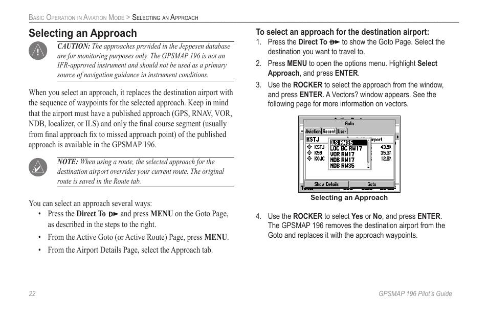 Selecting an approach | Garmin GPSMAP 196 User Manual | Page 30 / 132