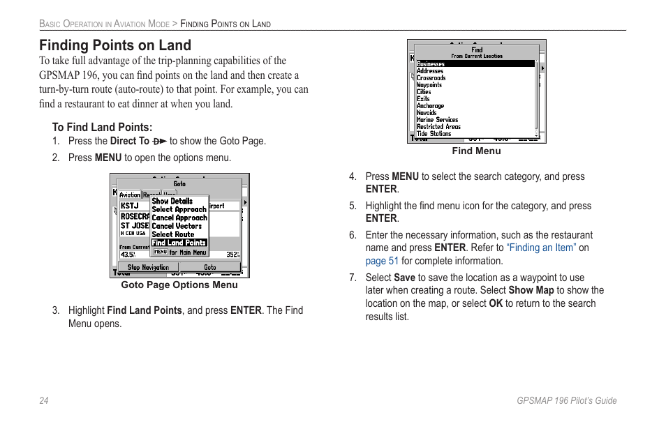 Finding points on land | Garmin GPSMAP 196 User Manual | Page 32 / 132
