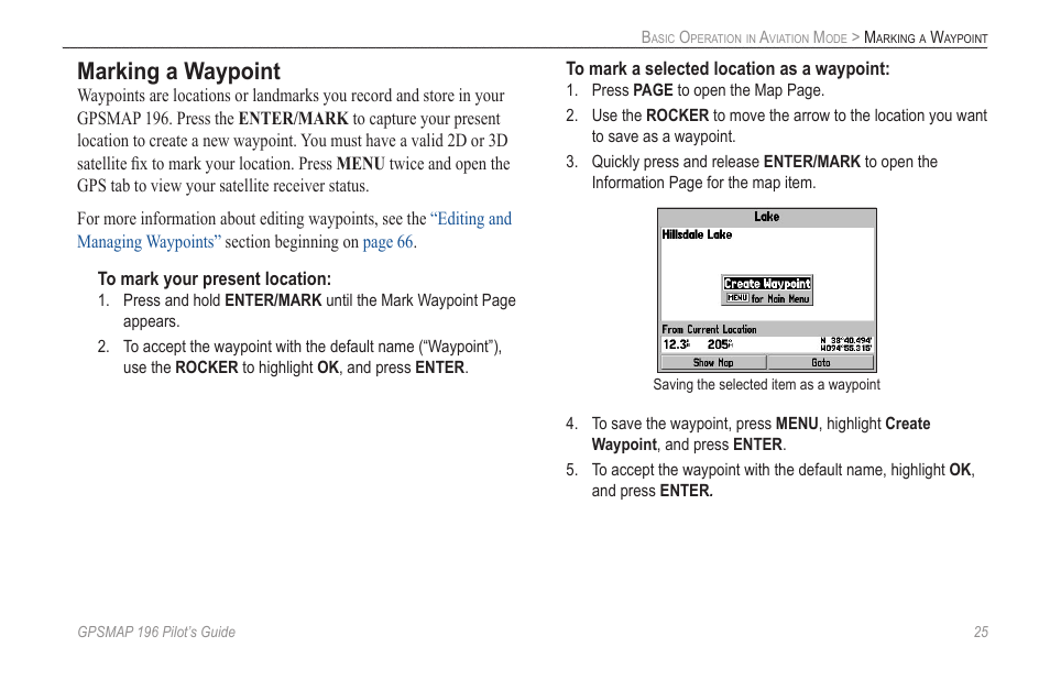 Marking a waypoint | Garmin GPSMAP 196 User Manual | Page 33 / 132