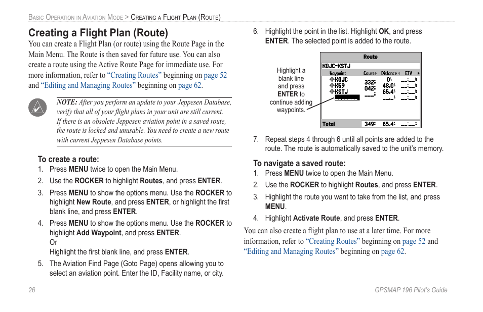 Creating a flight plan (route) | Garmin GPSMAP 196 User Manual | Page 34 / 132