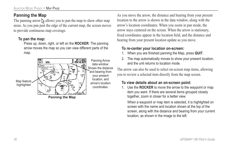 Panning the map | Garmin GPSMAP 196 User Manual | Page 38 / 132
