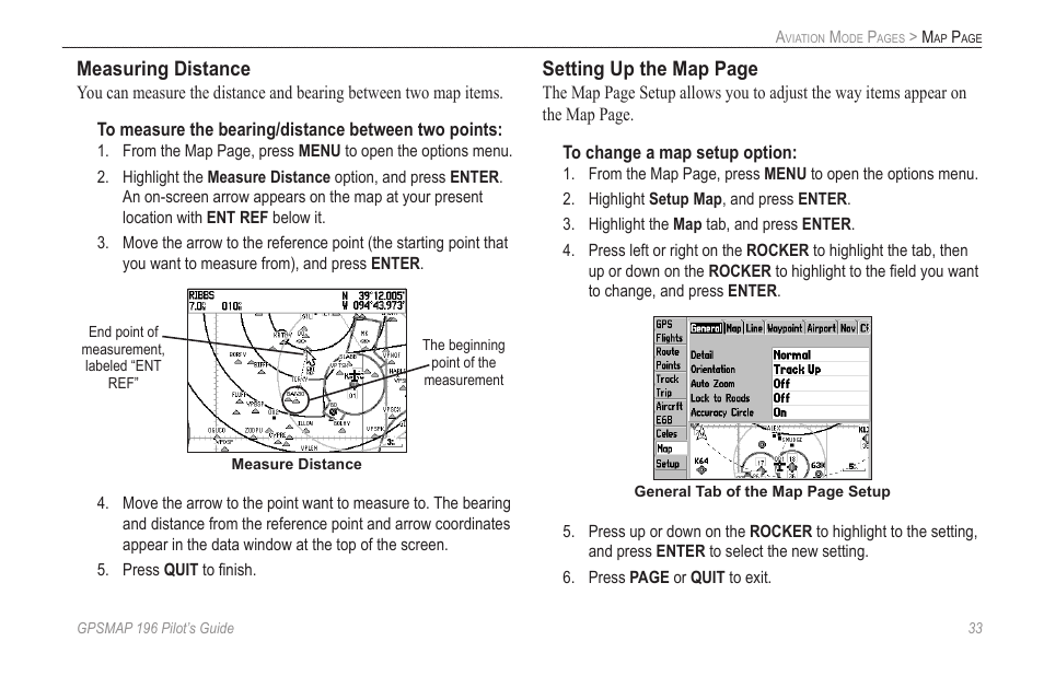 Measuring distance, Setting up the map page | Garmin GPSMAP 196 User Manual | Page 41 / 132