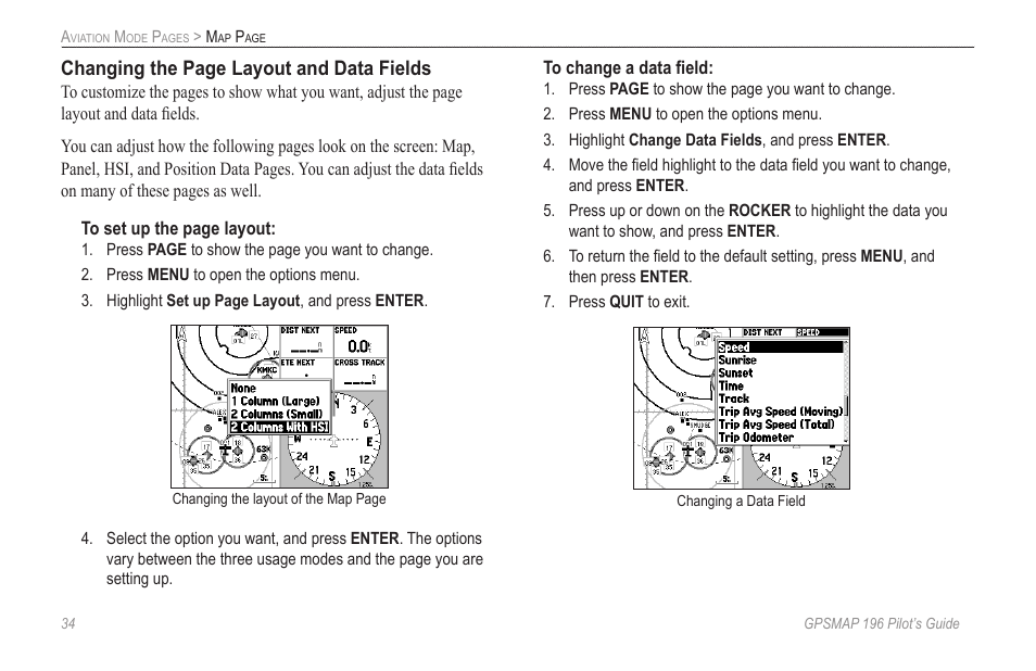 Changing the page layout and data fields | Garmin GPSMAP 196 User Manual | Page 42 / 132