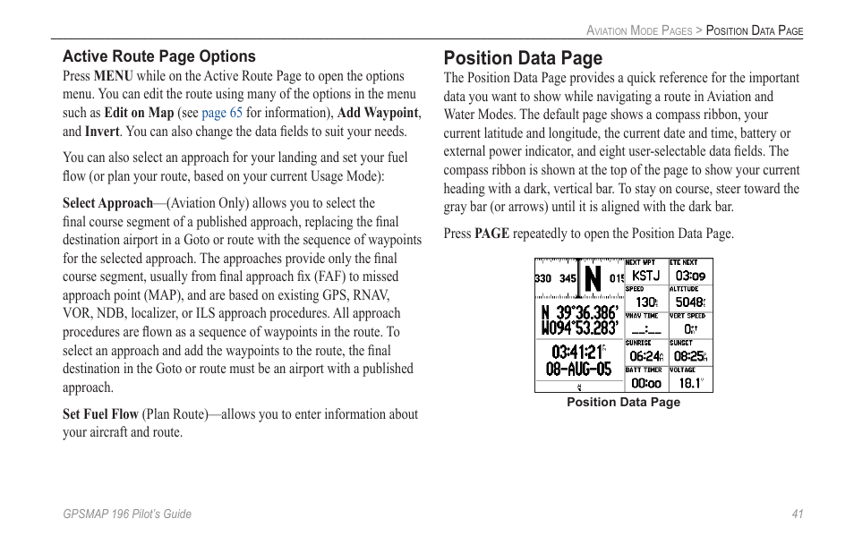 Position data page | Garmin GPSMAP 196 User Manual | Page 49 / 132