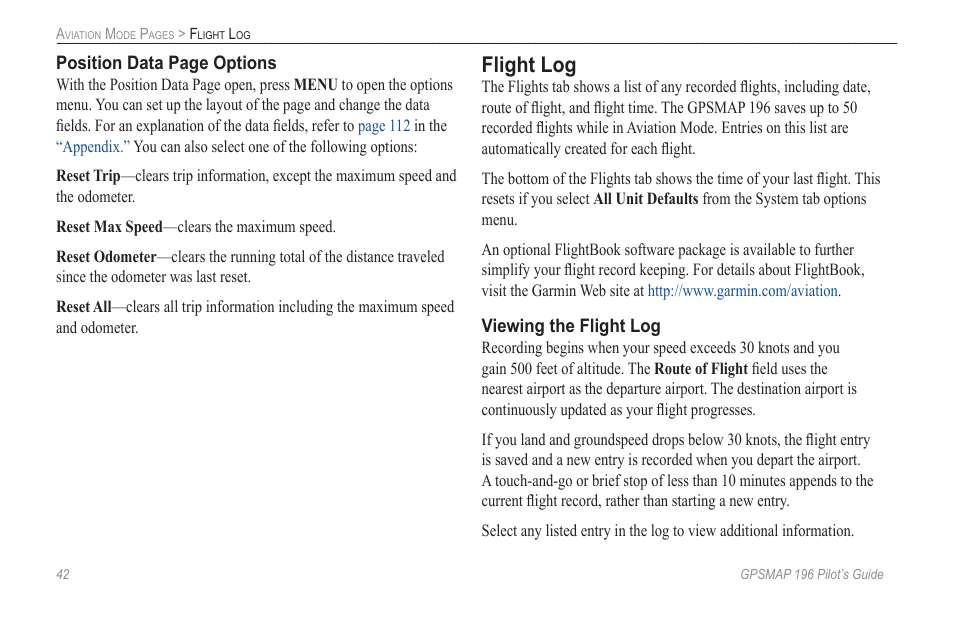 Flight log | Garmin GPSMAP 196 User Manual | Page 50 / 132