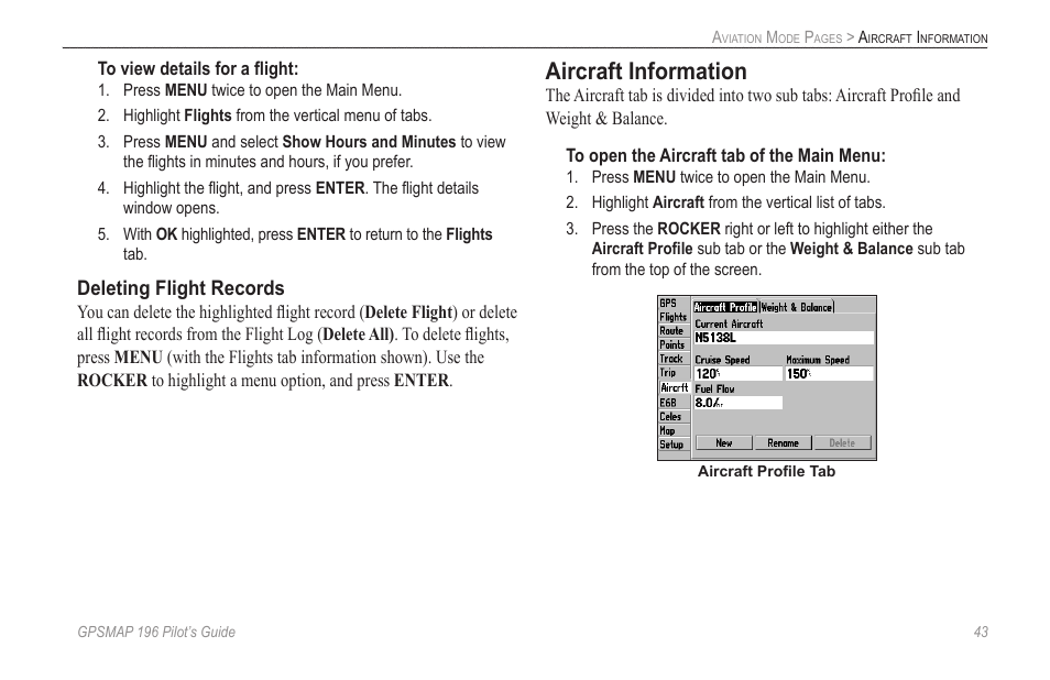 Aircraft information | Garmin GPSMAP 196 User Manual | Page 51 / 132