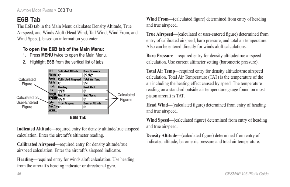 E6b tab | Garmin GPSMAP 196 User Manual | Page 54 / 132