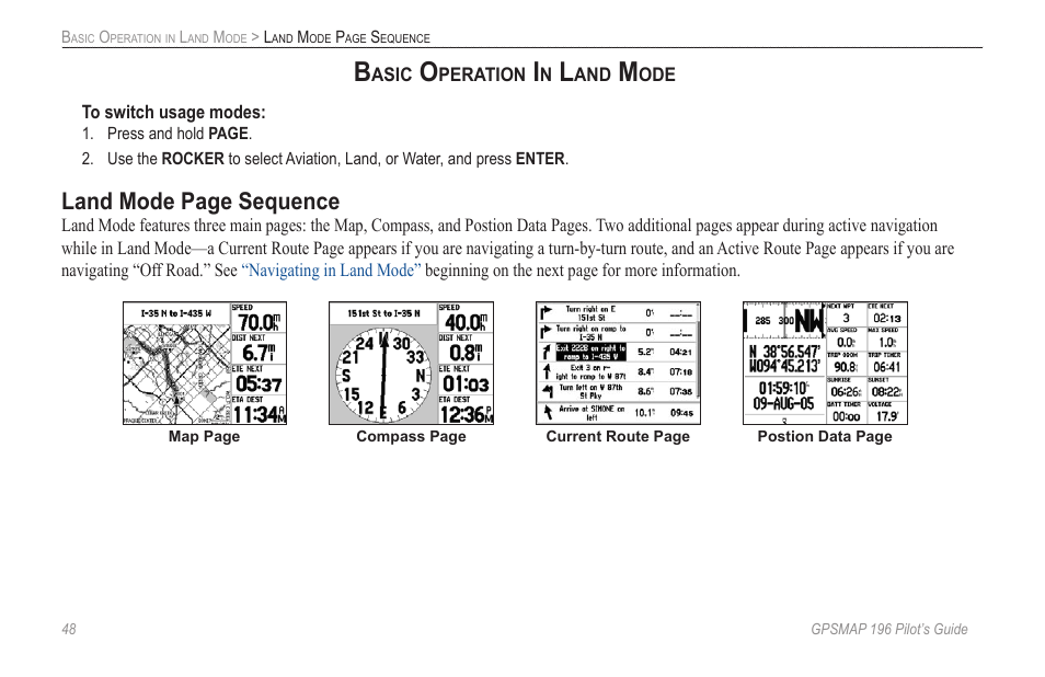 Basic operation in land mode, Land mode page sequence | Garmin GPSMAP 196 User Manual | Page 56 / 132