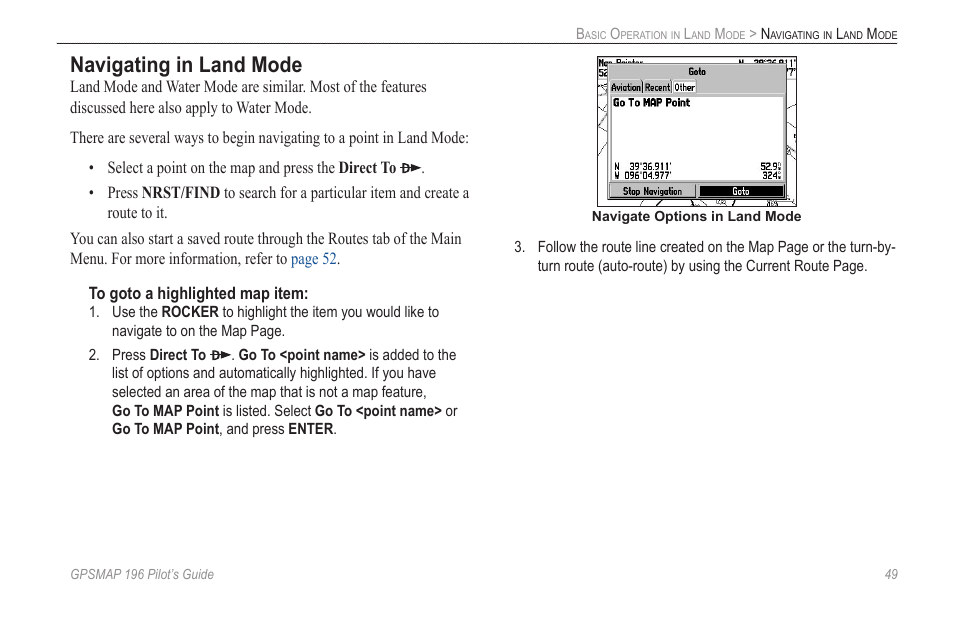 Navigating in land mode | Garmin GPSMAP 196 User Manual | Page 57 / 132