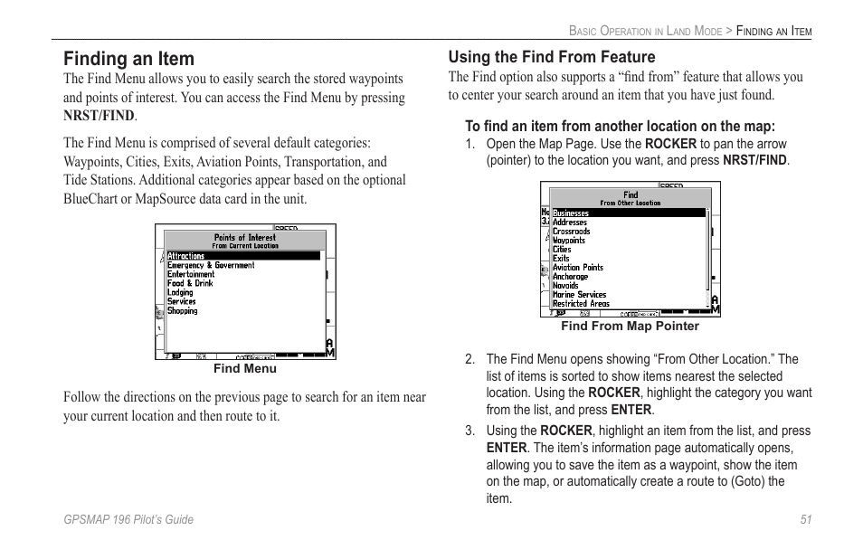 Finding an item, Using the find from feature | Garmin GPSMAP 196 User Manual | Page 59 / 132