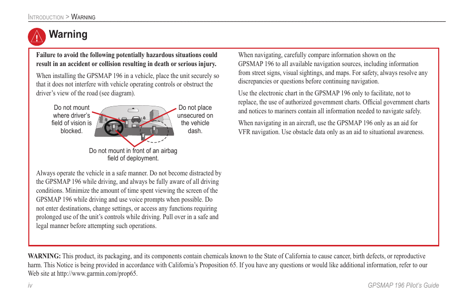Warning | Garmin GPSMAP 196 User Manual | Page 6 / 132