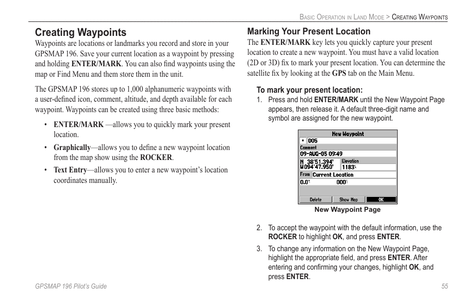 Creating waypoints | Garmin GPSMAP 196 User Manual | Page 63 / 132