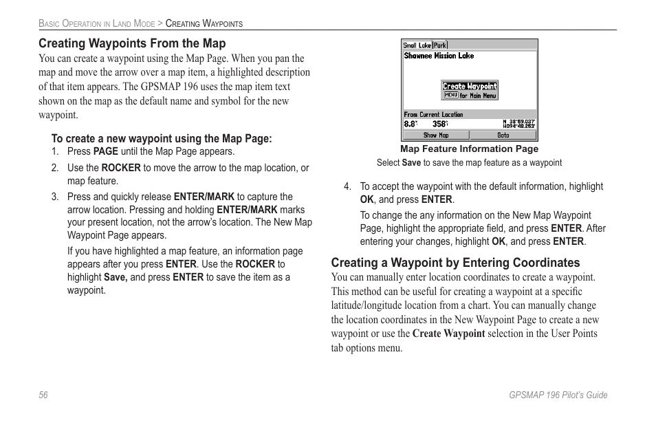 Creating waypoints from the map, Creating a waypoint by entering coordinates | Garmin GPSMAP 196 User Manual | Page 64 / 132