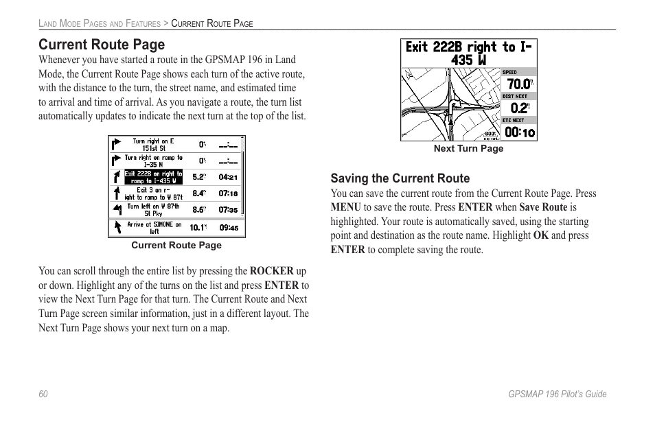 Current route page, Saving the current route | Garmin GPSMAP 196 User Manual | Page 68 / 132
