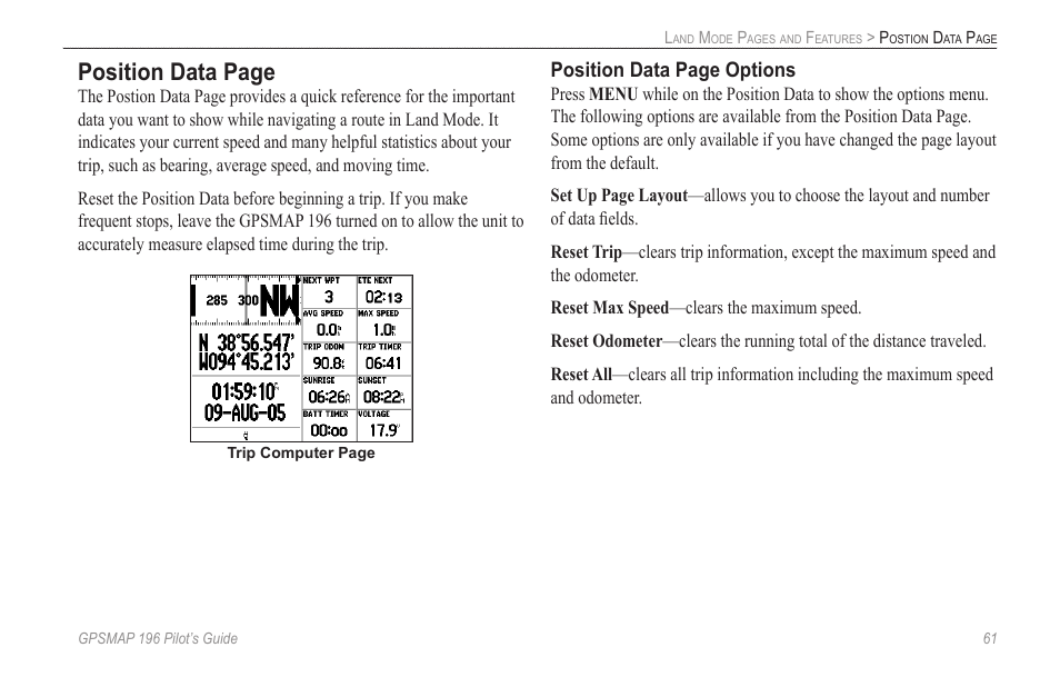 Position data page, Position data page options | Garmin GPSMAP 196 User Manual | Page 69 / 132