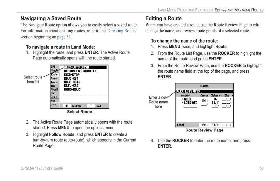 Navigating a saved route, Editing a route | Garmin GPSMAP 196 User Manual | Page 71 / 132