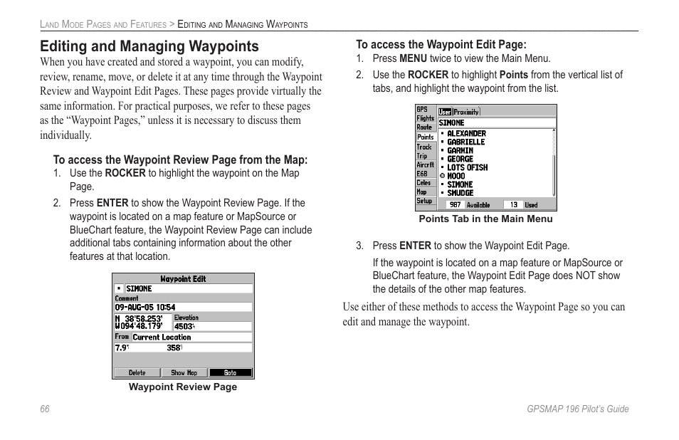 Editing and managing waypoints, Editing and, Managing waypoints | Section on | Garmin GPSMAP 196 User Manual | Page 74 / 132