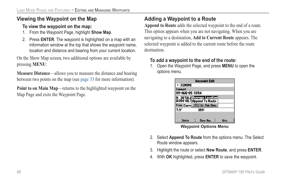 Viewing the waypoint on the map, Adding a waypoint to a route | Garmin GPSMAP 196 User Manual | Page 76 / 132