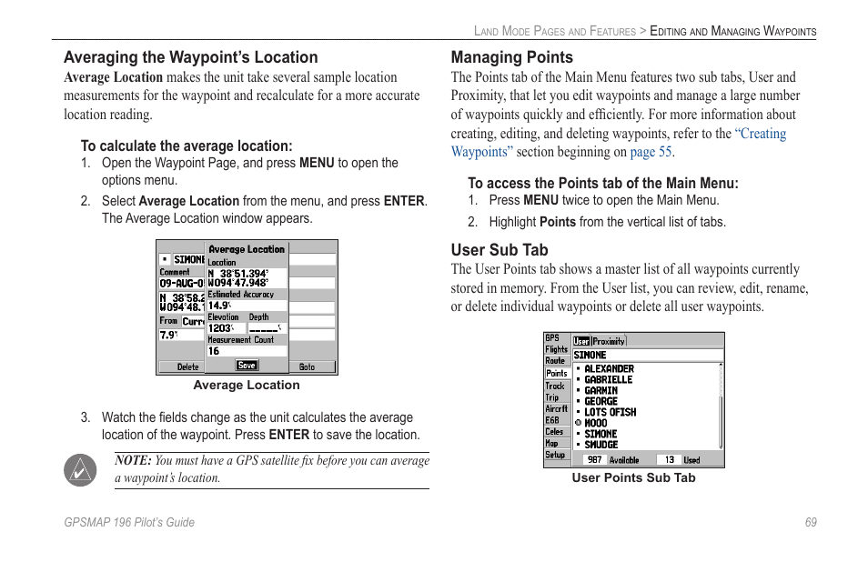 Averaging the waypoint’s location, Managing points, User sub tab | Garmin GPSMAP 196 User Manual | Page 77 / 132
