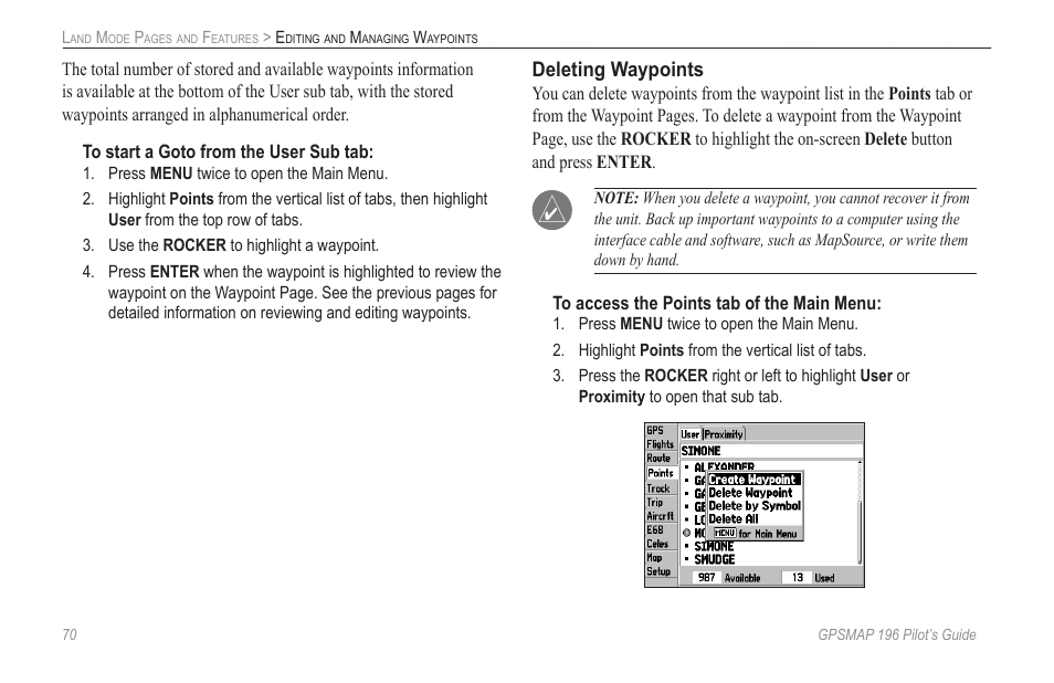 Deleting waypoints | Garmin GPSMAP 196 User Manual | Page 78 / 132