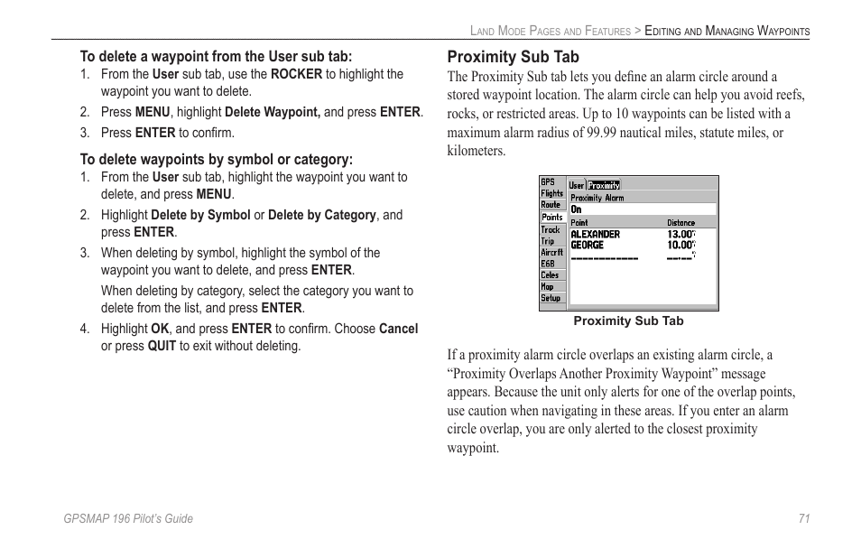 Proximity sub tab | Garmin GPSMAP 196 User Manual | Page 79 / 132