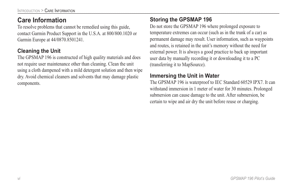 Care information | Garmin GPSMAP 196 User Manual | Page 8 / 132