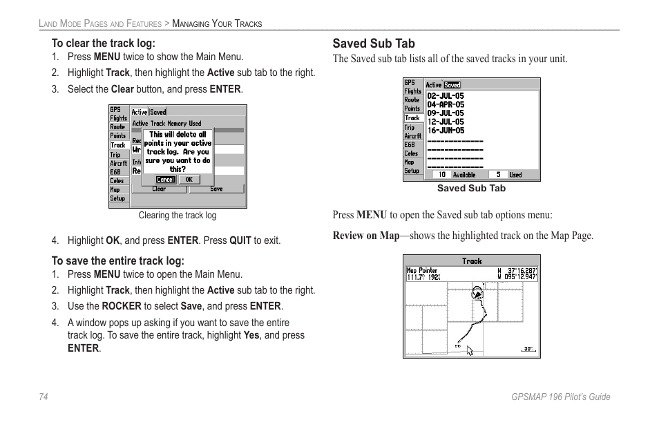 Saved sub tab | Garmin GPSMAP 196 User Manual | Page 82 / 132