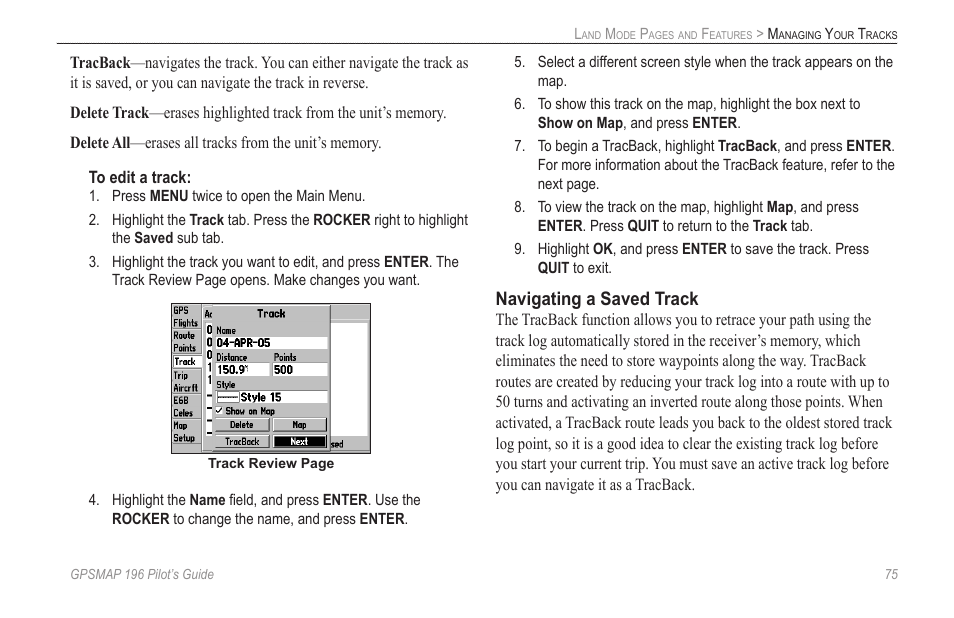 Navigating a saved track | Garmin GPSMAP 196 User Manual | Page 83 / 132