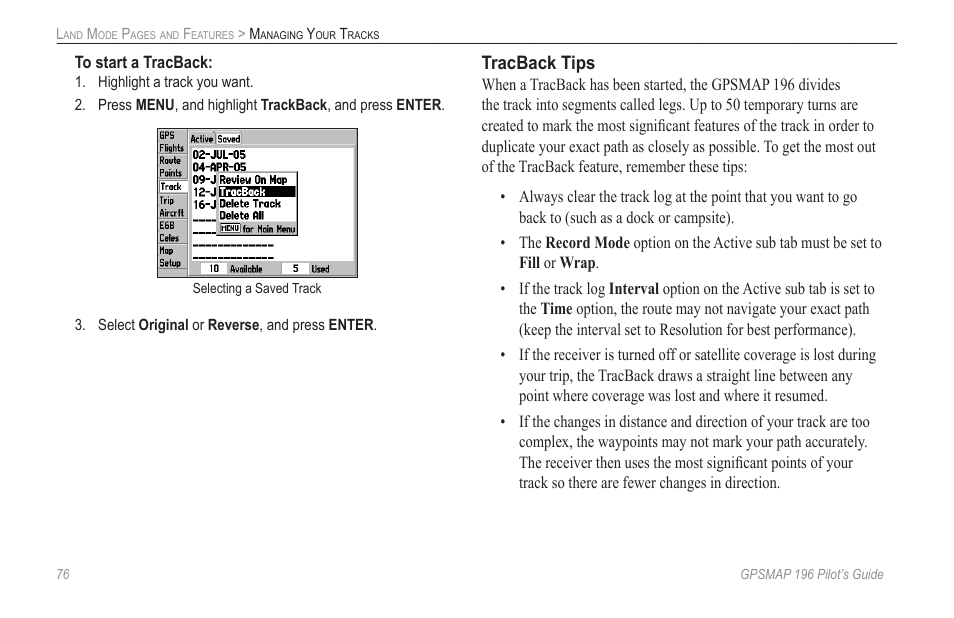 Tracback tips | Garmin GPSMAP 196 User Manual | Page 84 / 132