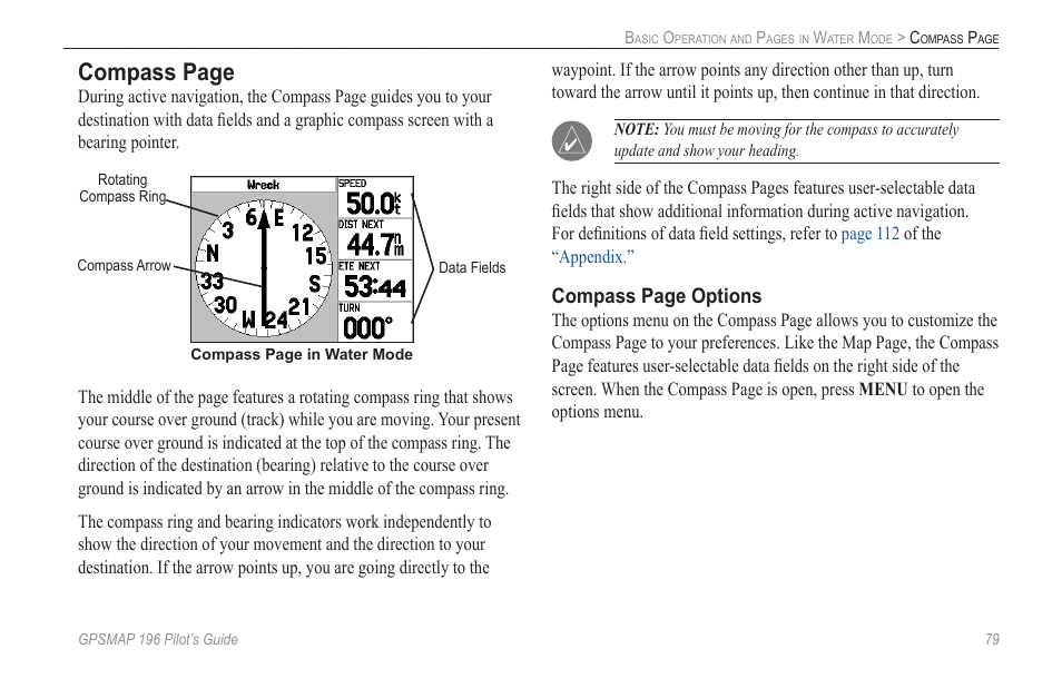 Compass page, Compass page options | Garmin GPSMAP 196 User Manual | Page 87 / 132