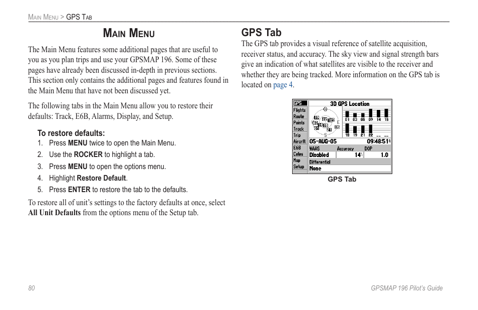 Main menu, Gps tab | Garmin GPSMAP 196 User Manual | Page 88 / 132