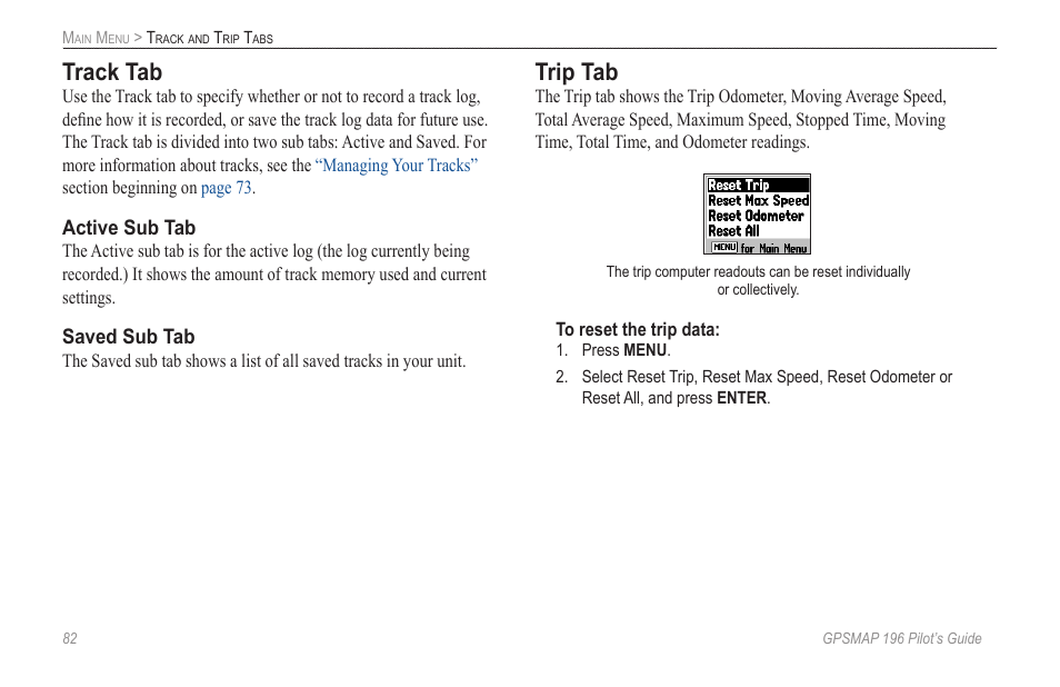 Track tab, Trip tab | Garmin GPSMAP 196 User Manual | Page 90 / 132