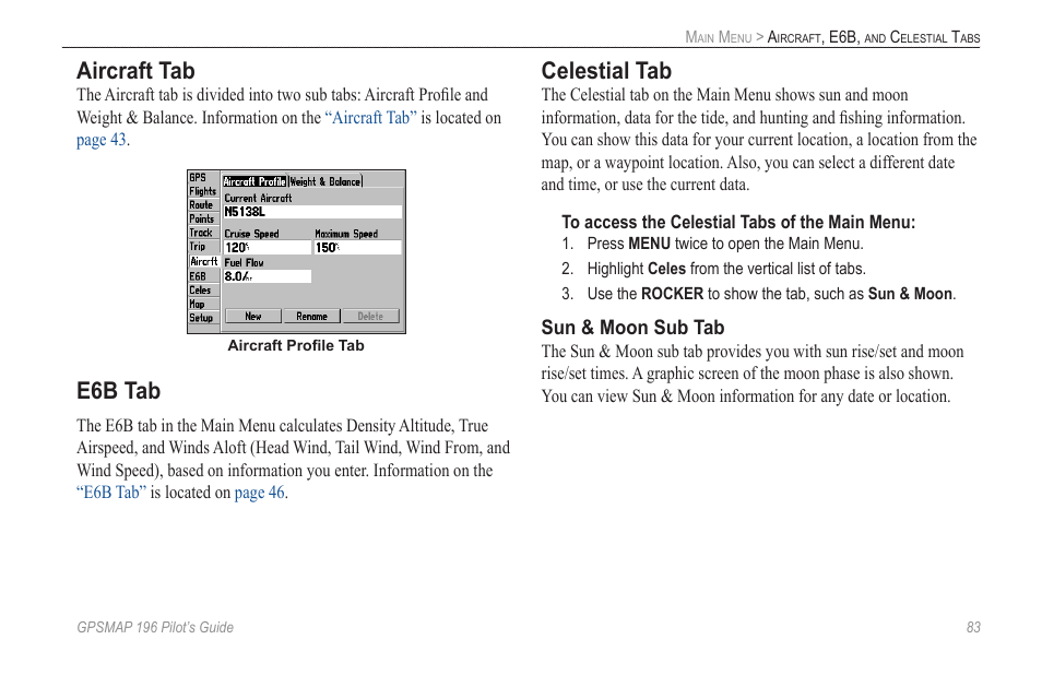 Aircraft tab, Celestial tab, E6b tab | Garmin GPSMAP 196 User Manual | Page 91 / 132